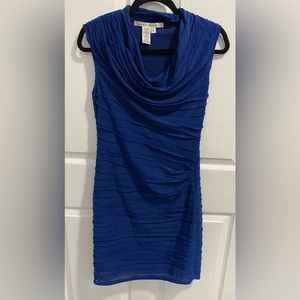 Max Studio Drape Neck Sleeveless Royal Blue Bodycon Dress. Size S. Ruched Side.